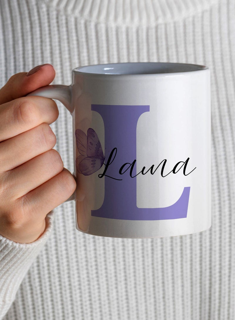 LOWHA Customizable Ceramic 11 oz Mug with Personalized Name and Butterfly with First Letter of The Name Design White  - Image 4