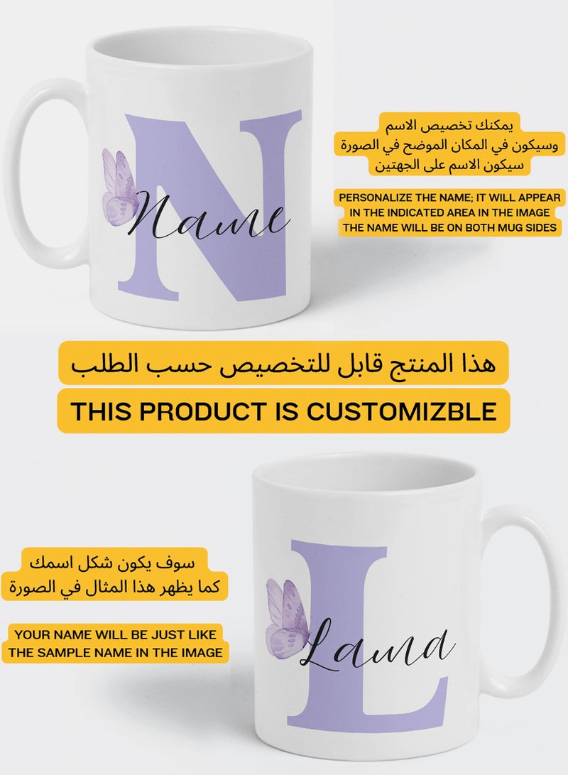 LOWHA Customizable Ceramic 11 oz Mug with Personalized Name and Butterfly with First Letter of The Name Design White  - Image 2