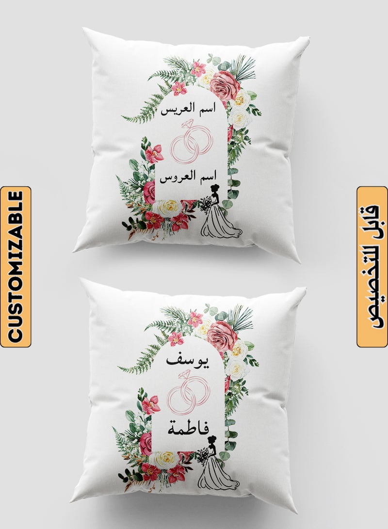 LOWHA Customizable Polyester Pillowcase Cushion Cover with Groom & Bride's Names and Bridal outfit in Flowers Pattern White 40x40cm  - Image 1