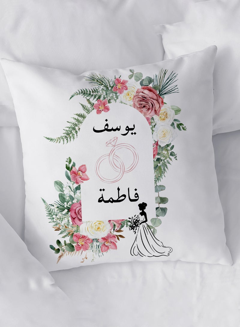 LOWHA Customizable Polyester Pillowcase Cushion Cover with Groom & Bride's Names and Bridal outfit in Flowers Pattern White 40x40cm  - Image 4