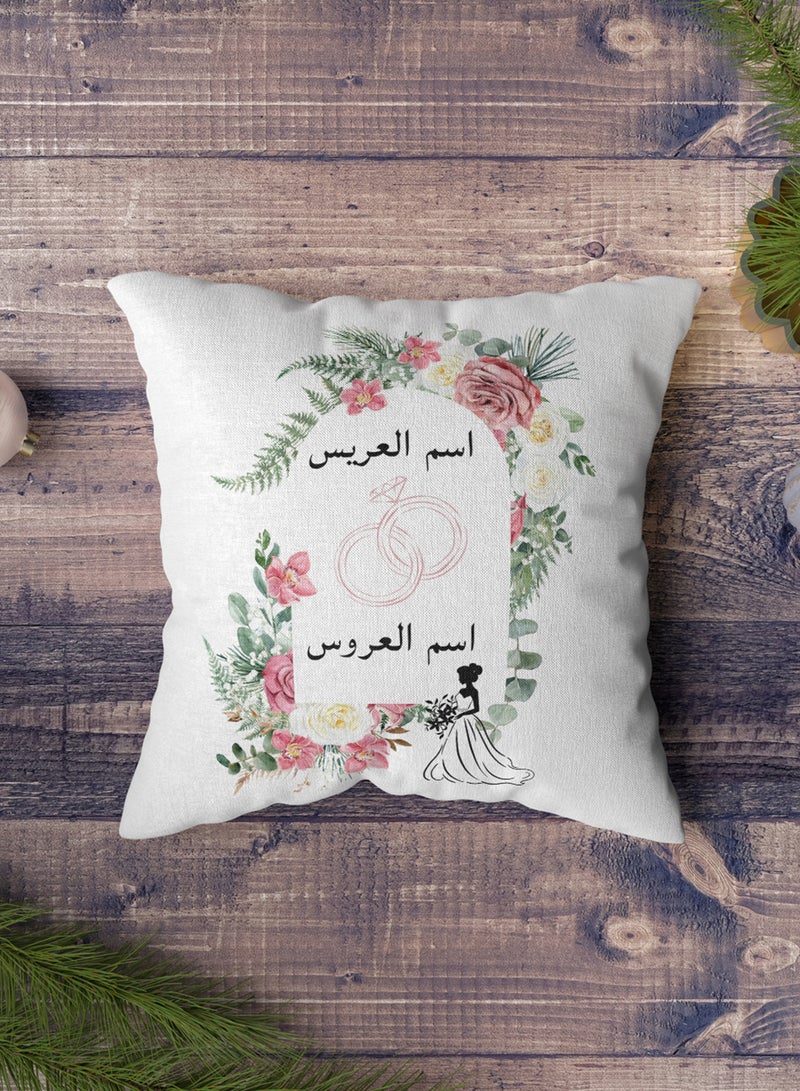 LOWHA Customizable Polyester Pillowcase Cushion Cover with Groom & Bride's Names and Bridal outfit in Flowers Pattern White 40x40cm  - Image 5