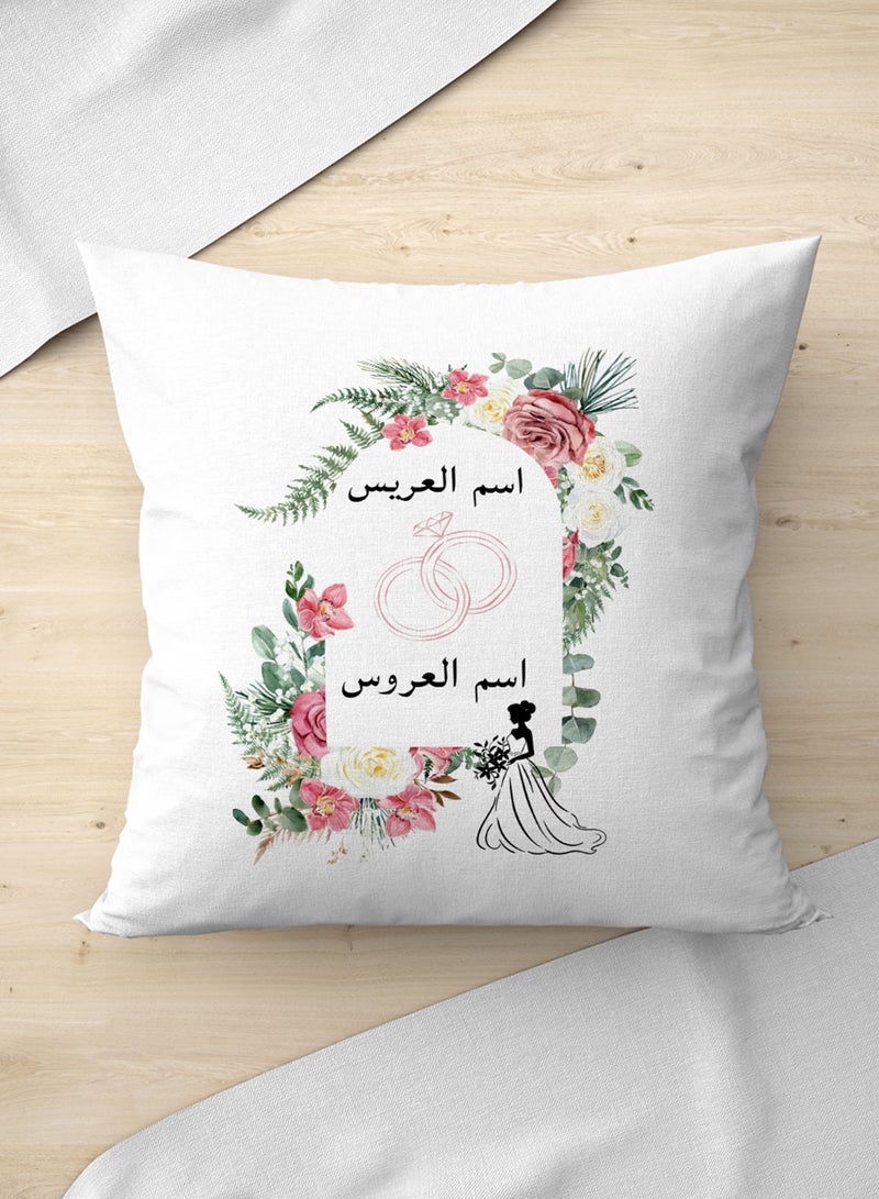 LOWHA Customizable Polyester Pillowcase Cushion Cover with Groom & Bride's Names and Bridal outfit in Flowers Pattern White 40x40cm  - Image 3
