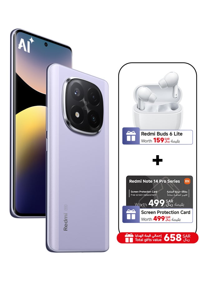 Xiaomi Redmi Note 14 Pro+ 5G Lavender Purple 12GB RAM 512GB - Global Version with Redmi Buds 6 Lite + Screen Protection Card (6 Month Free One Time Change) - Image 1