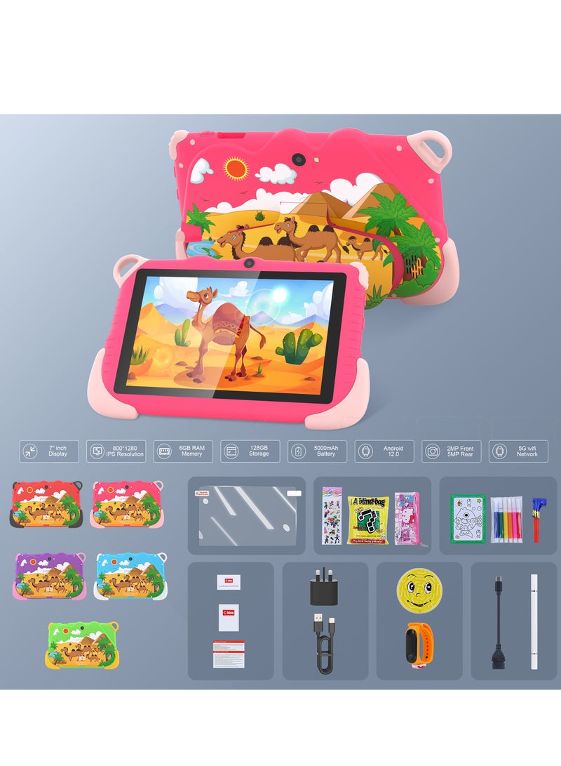 C idea 7-Inch Smart Tablet for Kids Wi-Fi Bluetooth GPS 6GB+128GB Android 12 Edge Proof Children Education Tab with Built-in Foldable Stand Dual Camera Game Tab Pink  - Image 4