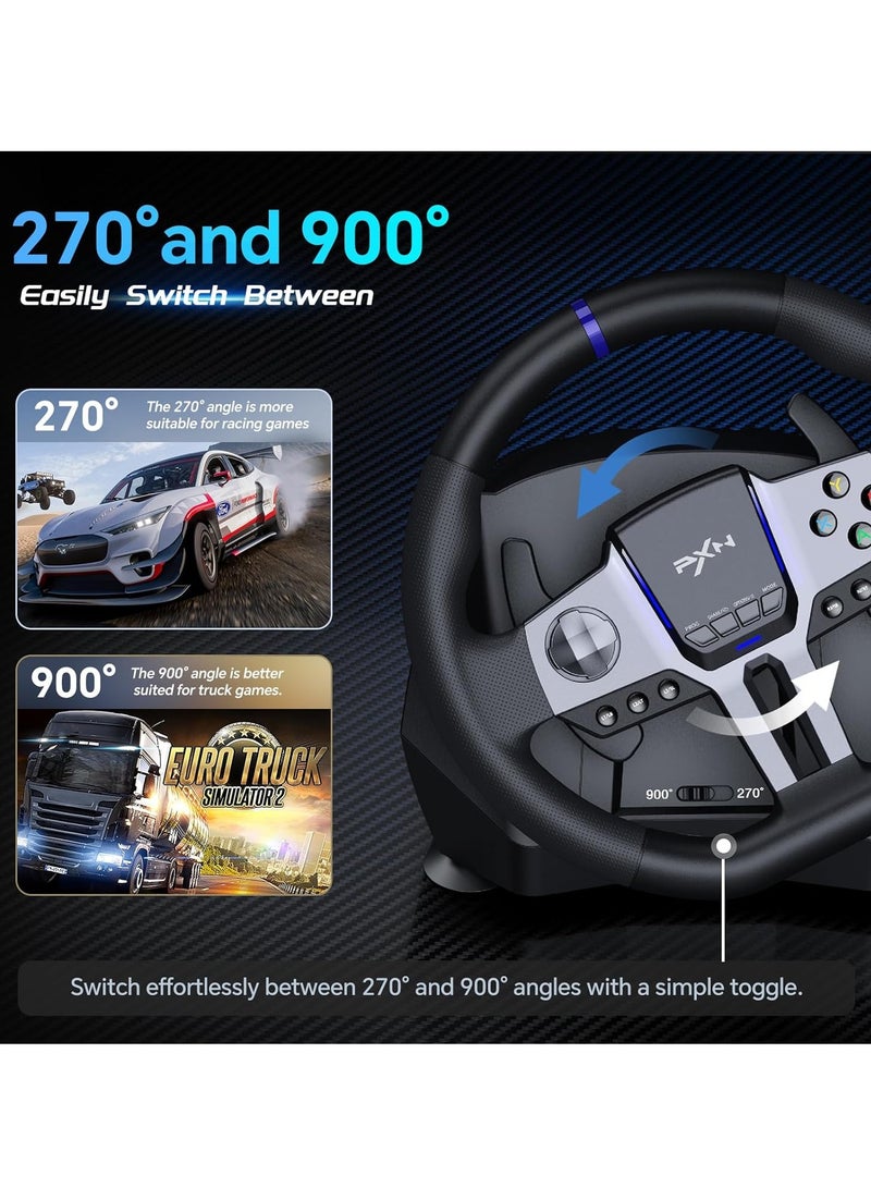 بي اكس ان - V9 GEN2 270°/900° Racing Steering Wheel Bundle with 3-Pedals & 6+R Gear Shifter, Multi-Platform Compatibility for PC, Xbox Series X/S, PS4, PS3, Switch – Dual Motor Vibration, Magnetic Encoder, Hall Effect Pedals & RGB Lights - Image 1
