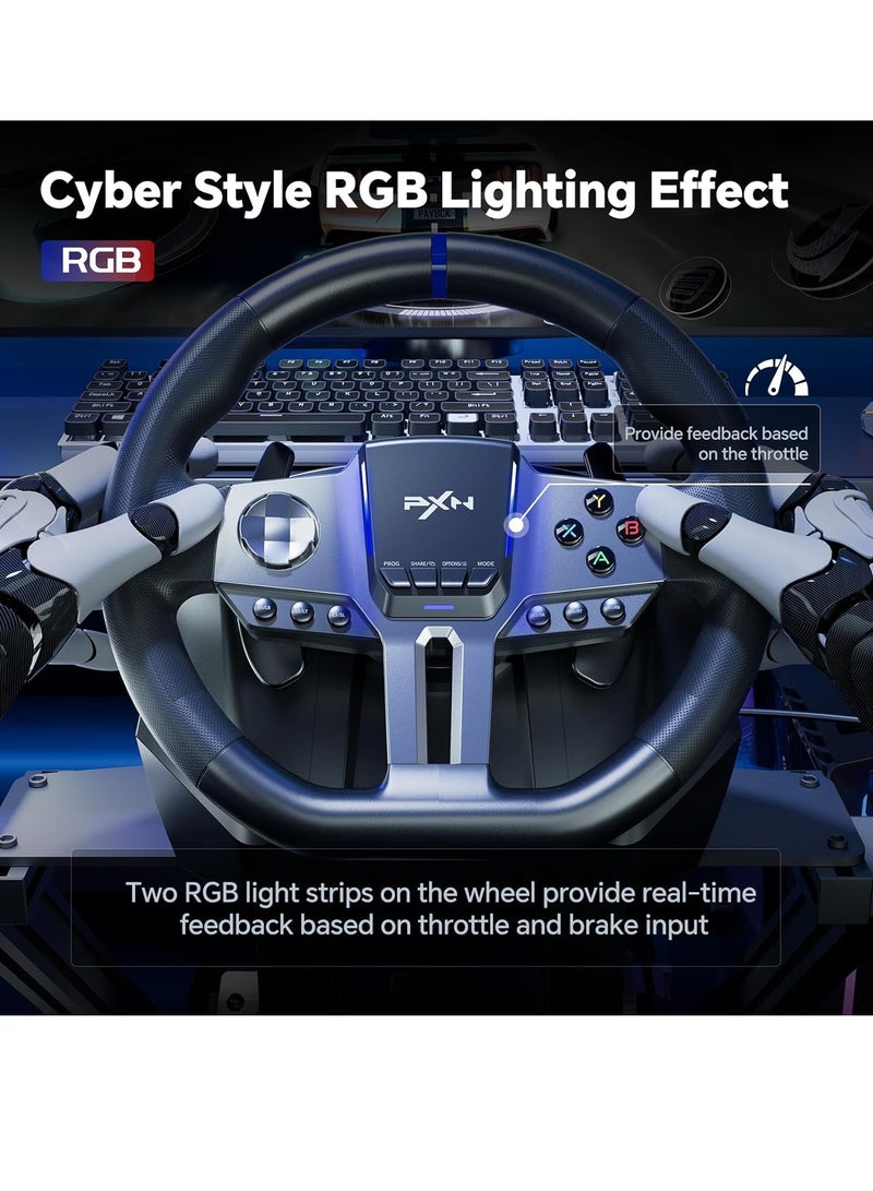 بي اكس ان - V9 GEN2 270°/900° Racing Steering Wheel Bundle with 3-Pedals & 6+R Gear Shifter, Multi-Platform Compatibility for PC, Xbox Series X/S, PS4, PS3, Switch – Dual Motor Vibration, Magnetic Encoder, Hall Effect Pedals & RGB Lights - Image 1