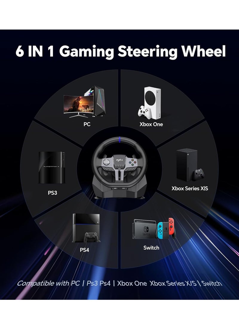 بي اكس ان - V9 GEN2 270°/900° Racing Steering Wheel Bundle with 3-Pedals & 6+R Gear Shifter, Multi-Platform Compatibility for PC, Xbox Series X/S, PS4, PS3, Switch – Dual Motor Vibration, Magnetic Encoder, Hall Effect Pedals & RGB Lights - Image 1