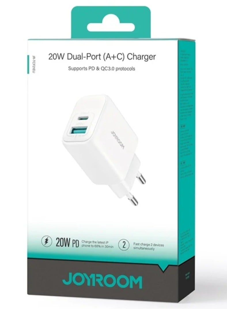 JOYROOM - PD 20W Fast Charger Type-C + USB-A Dual Port White - Image 1