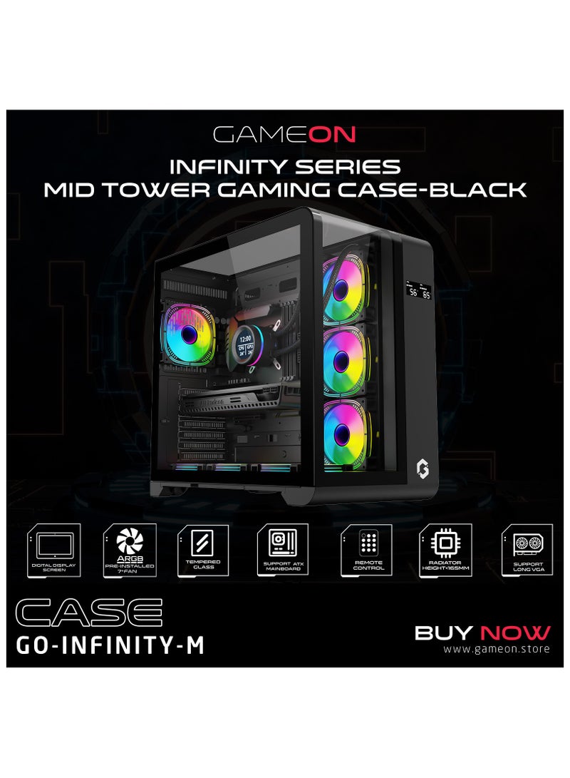 GameOn GO-INFINITY-M PC Case – ATX/ATX/M-ATX Support, Tempered Glass, ARGB+PWM Lighting, Pre-installed 7 Fans, 360mm Water Cooling Ready Black  - Image 2