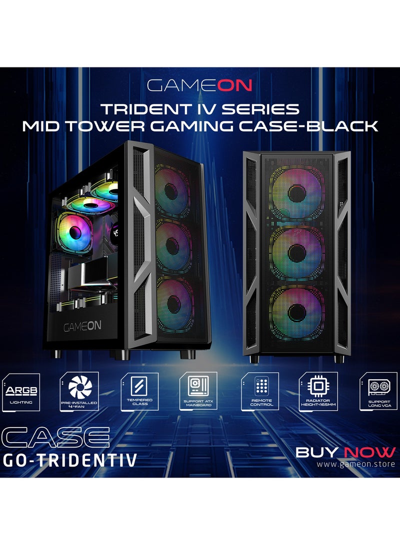 GAMEON Trident IV Gaming PC Case – ATX/M-ATX/ITX Support, ARGB+PWM Lighting, Tempered Glass, Pre-installed 4 Fans, Water Cooling Ready Black - Image 2