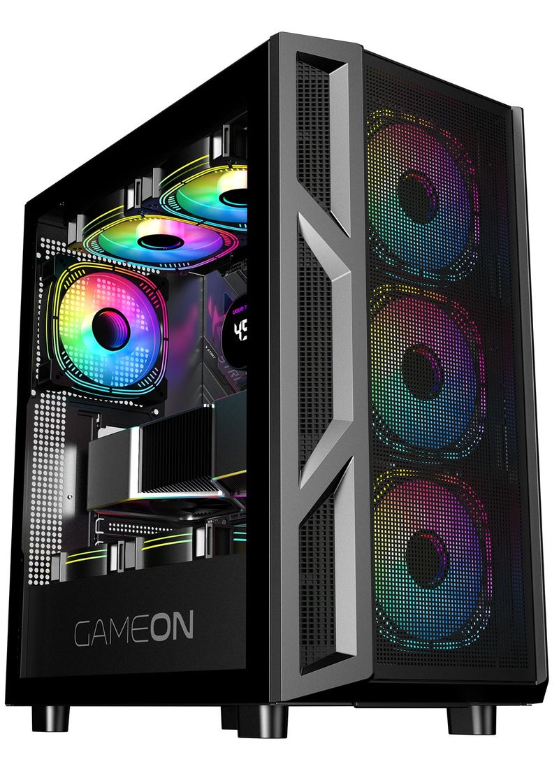 GAMEON Trident IV Gaming PC Case – ATX/M-ATX/ITX Support, ARGB+PWM Lighting, Tempered Glass, Pre-installed 4 Fans, Water Cooling Ready Black - Image 1