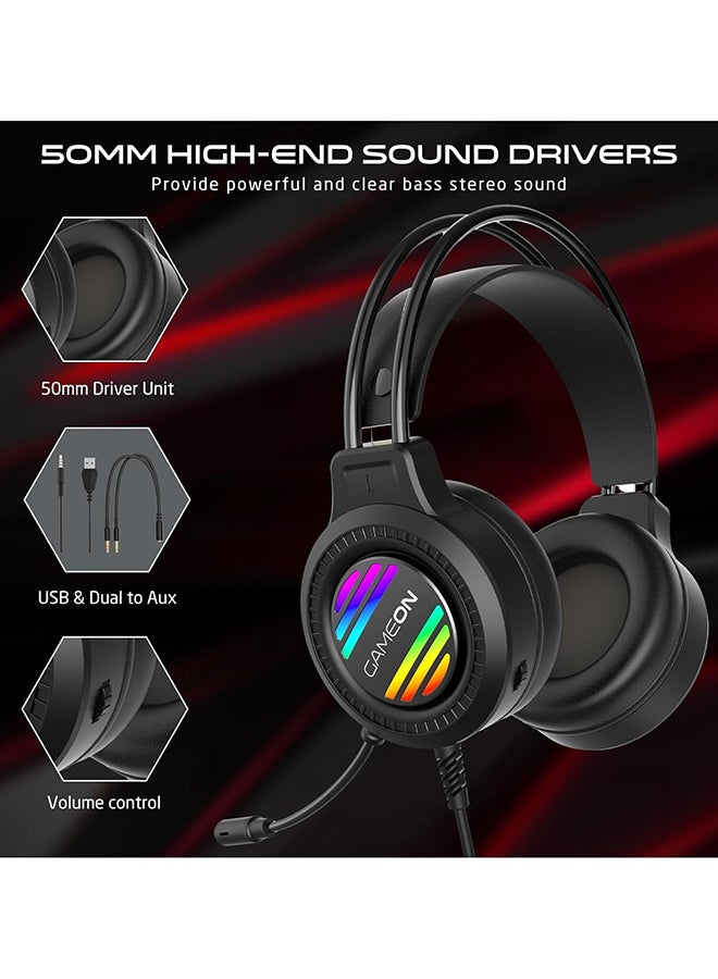 GAMEON Raven strike RGB Gaming Headset with 50mm Drivers, PS4/PS5/XBOX ONE/PC, USB+3.5mm, Omnidirectional Mic, 32Ω Impedance, In, Built Controls, Black - Image 4