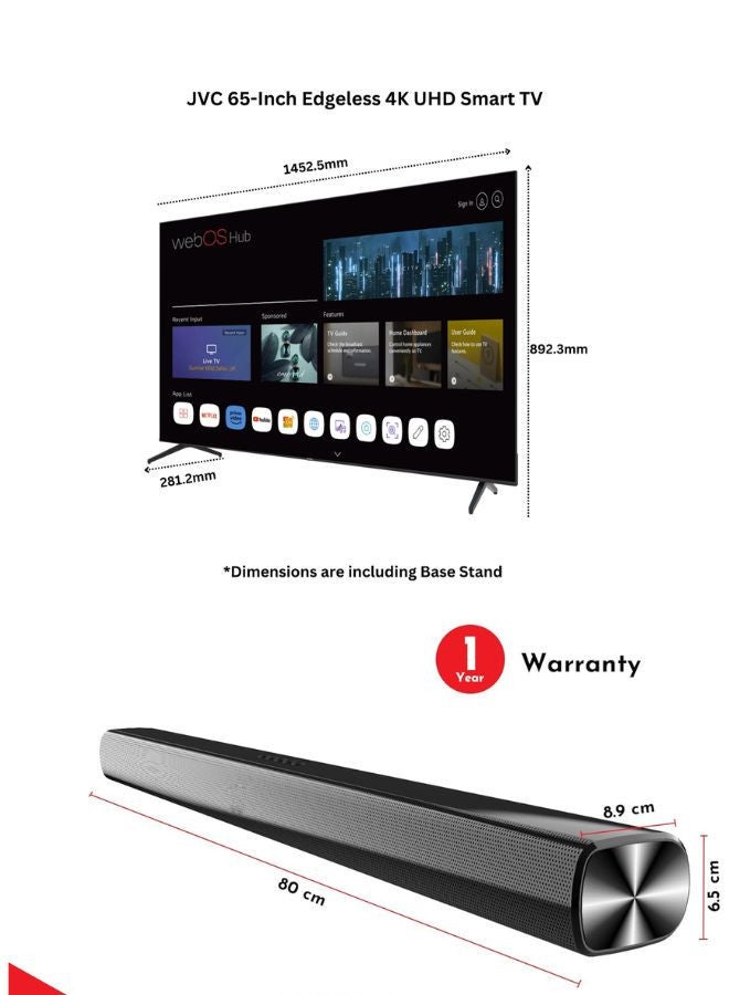 جي في سي تلفاز ذكي 65 بوصة بدون حواف 4K QLED بتقنية النقاط الكمومية مع جهاز تحكم سحري، صوت دولبي + 30 واط 2.0 قناة بار صوتي، بلوتوث، HDMI، USB، ومدخلات بصرية -LT-65NQ7155+SOUNDBAR - Image 3