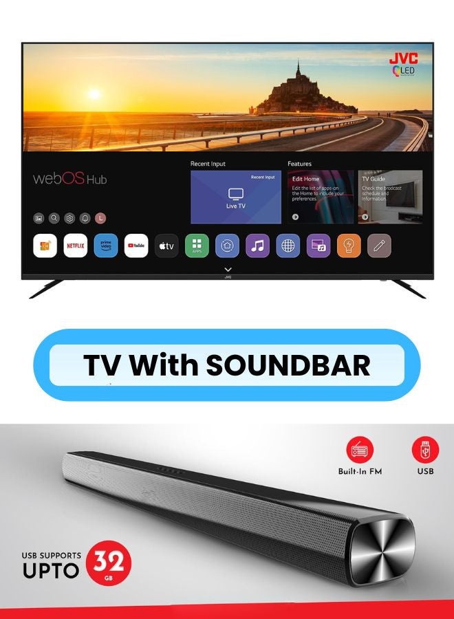 جي في سي تلفاز ذكي 65 بوصة بدون حواف 4K QLED بتقنية النقاط الكمومية مع جهاز تحكم سحري، صوت دولبي + 30 واط 2.0 قناة بار صوتي، بلوتوث، HDMI، USB، ومدخلات بصرية -LT-65NQ7155+SOUNDBAR - Image 2