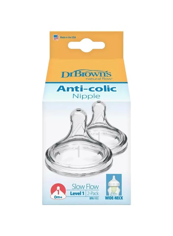 Dr. Brown’s Level 1 Wide-Neck Silicone Slow Flow Nipple 0 Months+ 2Pcs 