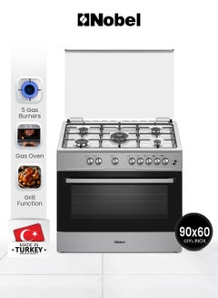 Nobel 90 x 60 5-Burner Gas Cooker with Gas Oven, Grill Function, Self-Cleaning, Thermostat, Glass Top Lid, Auto Ignition, and Cast Iron Pan Supports NGC9699I Black  - Image 1