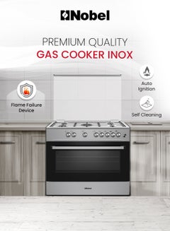 Nobel 90 x 60 5-Burner Gas Cooker with Gas Oven, Grill Function, Self-Cleaning, Thermostat, Glass Top Lid, Auto Ignition, and Cast Iron Pan Supports NGC9699I Black  - Image 2