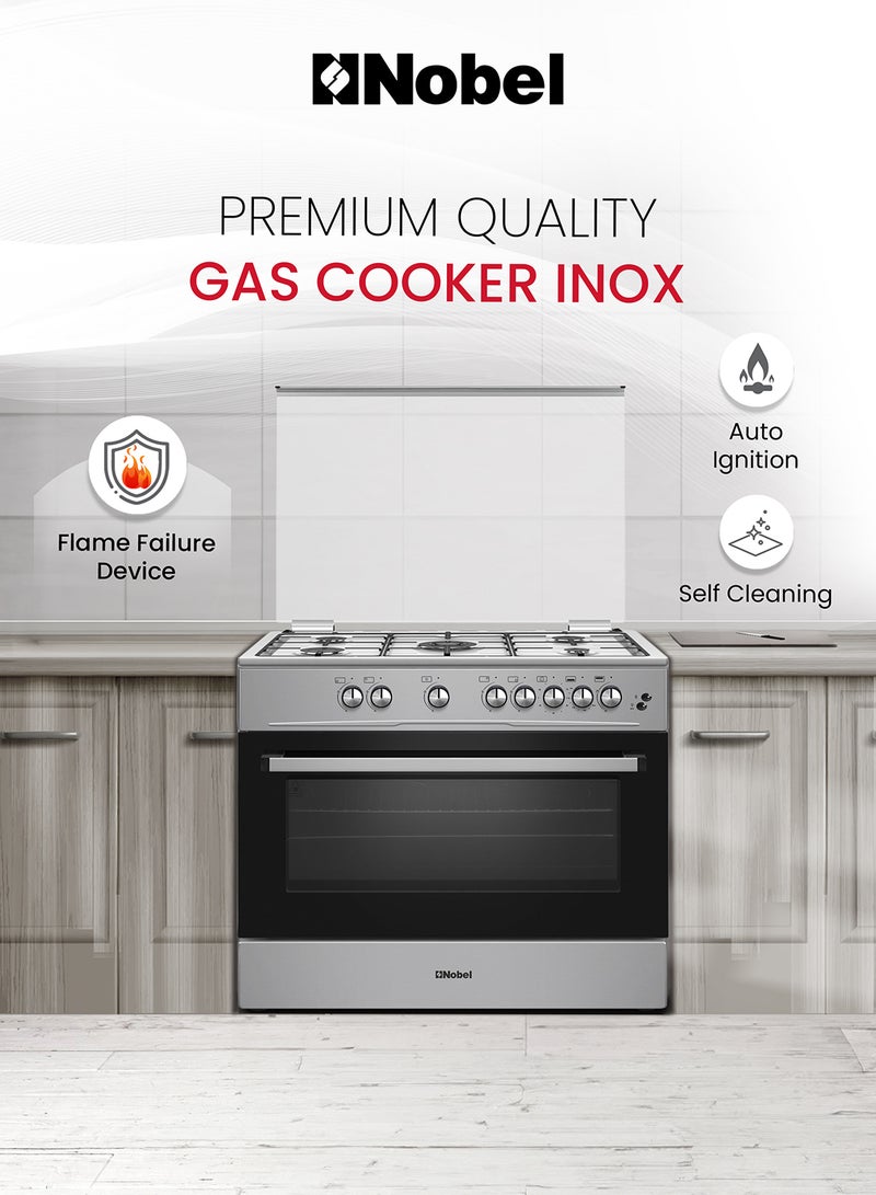 نوبل 90 x 60 5-Burner Gas Cooker with Gas Oven, Grill Function, Self-Cleaning, Thermostat, Glass Top Lid, Auto Ignition, and Cast Iron Pan Supports NGC9699I Black  - Image 2