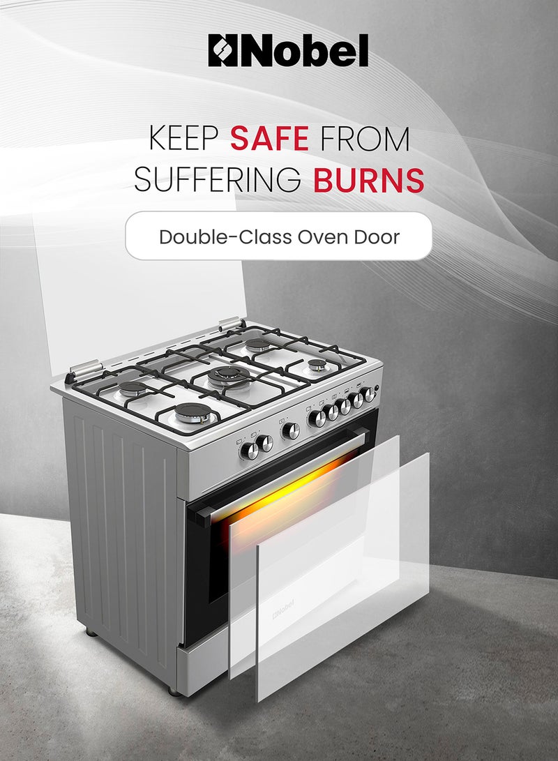 نوبل 90 x 60 5-Burner Gas Cooker with Gas Oven, Grill Function, Self-Cleaning, Thermostat, Glass Top Lid, Auto Ignition, and Cast Iron Pan Supports NGC9699I Black  - Image 4