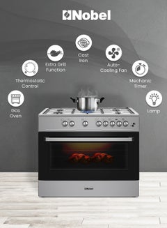 Nobel 90 x 60 5-Burner Gas Cooker with Gas Oven, Grill Function, Self-Cleaning, Thermostat, Glass Top Lid, Auto Ignition, and Cast Iron Pan Supports NGC9699I Black  - Image 3