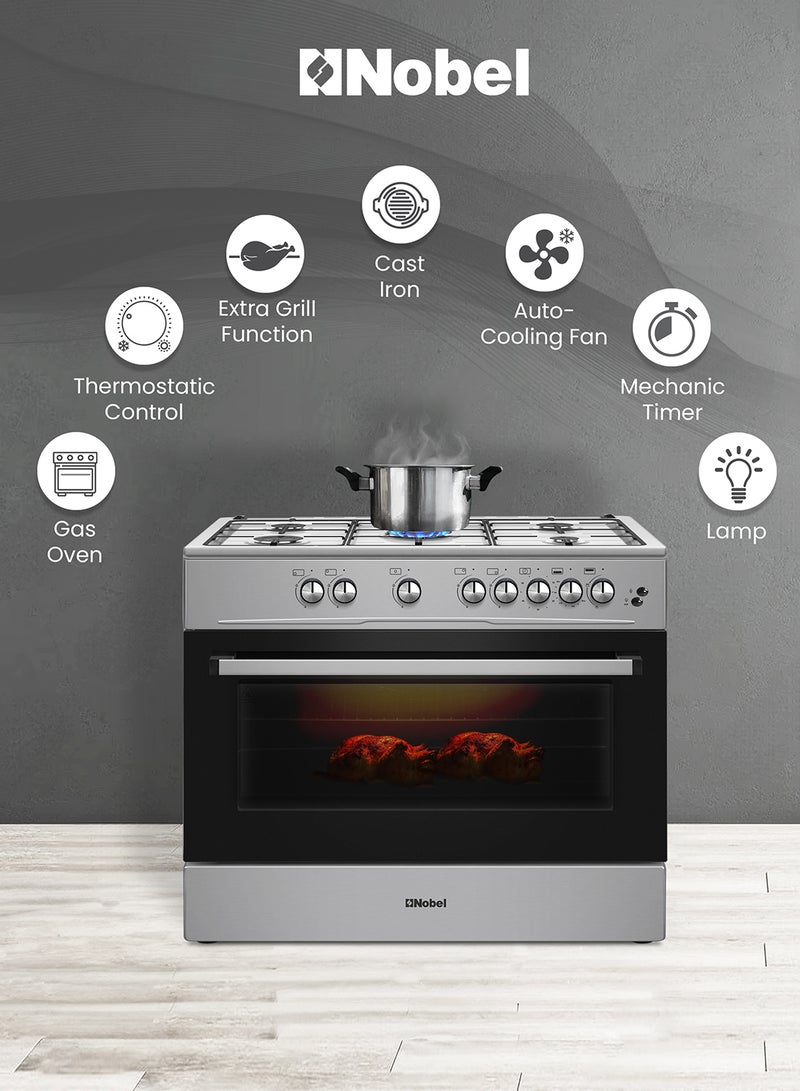 نوبل 90 x 60 5-Burner Gas Cooker with Gas Oven, Grill Function, Self-Cleaning, Thermostat, Glass Top Lid, Auto Ignition, and Cast Iron Pan Supports NGC9699I Black  - Image 3