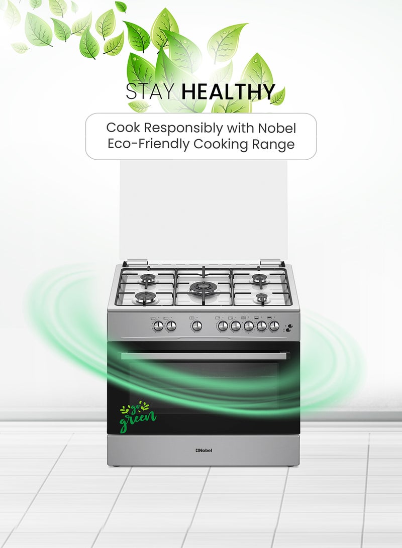 Nobel - 90 x 60 5-Burner Gas Cooker with Gas Oven, Grill Function, Self-Cleaning, Thermostat, Glass Top Lid, Auto Ignition, and Cast Iron Pan Supports NGC9699I Black - Image 1