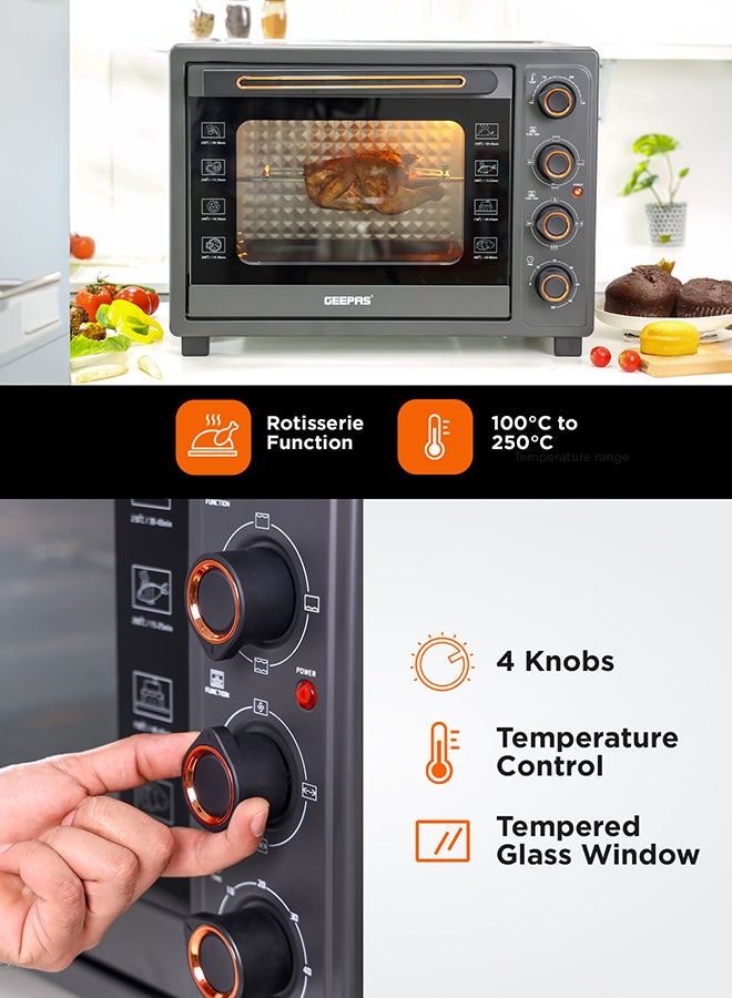 GEEPAS 58 L Electric Oven 2100 W | With Rotisserie, Convection Functions and Inner Lamp| Easy to Use Control Knobs, 2 Switch Heating Selector, Adjustable Temperature| Perfect for Baking, Roasting, Cooking Meat, Vegetables, Cakes, Etc| 2 Years Warranty 58 L 2100 W GO34060 Black  - Image 5