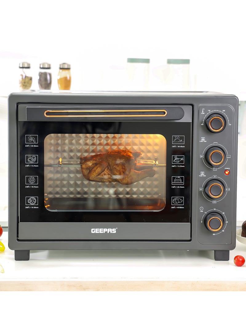GEEPAS 58 L Electric Oven 2100 W | With Rotisserie, Convection Functions and Inner Lamp| Easy to Use Control Knobs, 2 Switch Heating Selector, Adjustable Temperature| Perfect for Baking, Roasting, Cooking Meat, Vegetables, Cakes, Etc| 2 Years Warranty 58 L 2100 W GO34060 Black - Image 1
