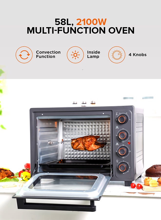 GEEPAS 58 L Electric Oven 2100 W | With Rotisserie, Convection Functions and Inner Lamp| Easy to Use Control Knobs, 2 Switch Heating Selector, Adjustable Temperature| Perfect for Baking, Roasting, Cooking Meat, Vegetables, Cakes, Etc| 2 Years Warranty 58 L 2100 W GO34060 Black - Image 4