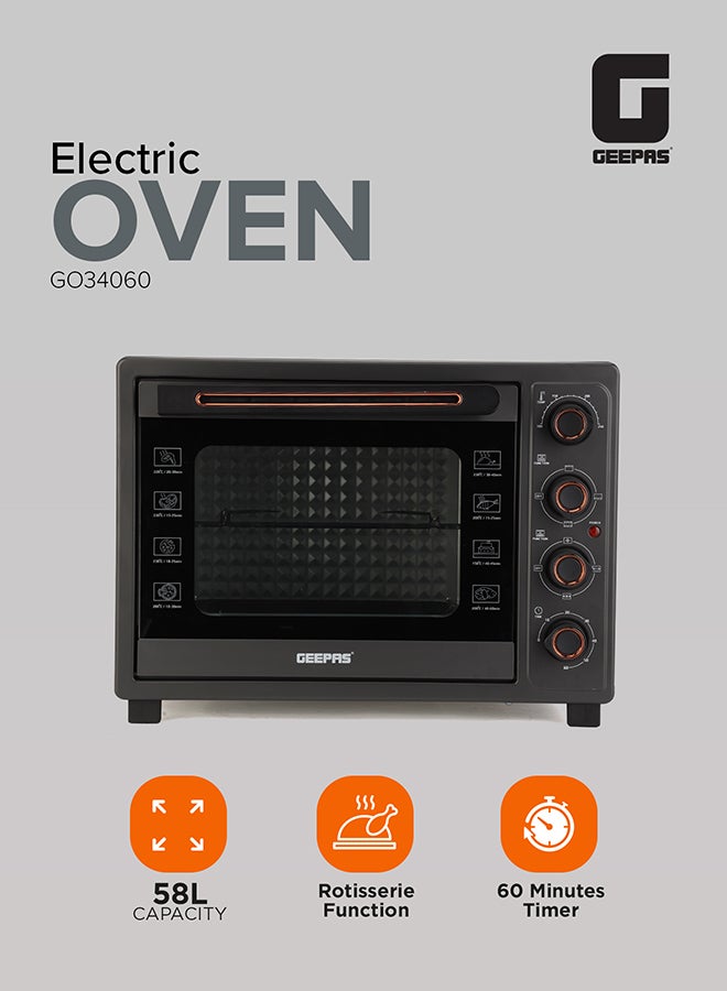 GEEPAS 58 L Electric Oven 2100 W | With Rotisserie, Convection Functions and Inner Lamp| Easy to Use Control Knobs, 2 Switch Heating Selector, Adjustable Temperature| Perfect for Baking, Roasting, Cooking Meat, Vegetables, Cakes, Etc| 2 Years Warranty 58 L 2100 W GO34060 Black - Image 3
