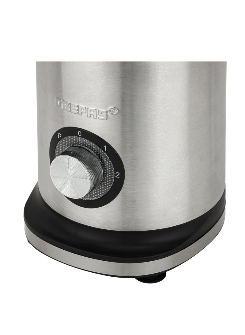 GEEPAS - 2-in-1 Professional Blender 1200W | Powerful Motor and Sharp Titanium Blades| 2.2 Liter Transparent Jar and Stainless Steel Grinder Attachment | 2 Speed Settings with LED Light Indicator| 2 Years Warranty 2.2 L 1200 W GSB44050 Silver/ Black - Image 1