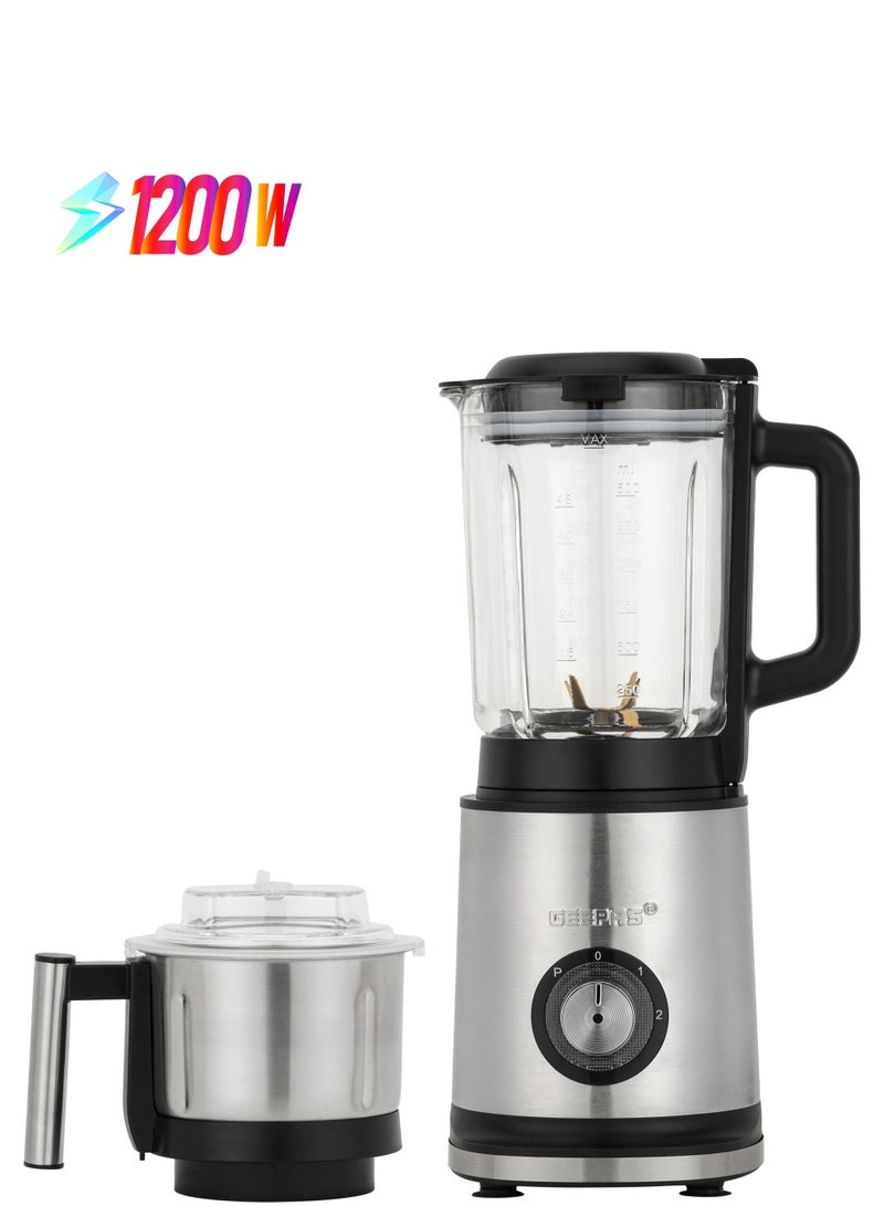 GEEPAS - 2-in-1 Professional Blender 1200W | Powerful Motor and Sharp Titanium Blades| 2.2 Liter Transparent Jar and Stainless Steel Grinder Attachment | 2 Speed Settings with LED Light Indicator| 2 Years Warranty 2.2 L 1200 W GSB44050 Silver/ Black - Image 1
