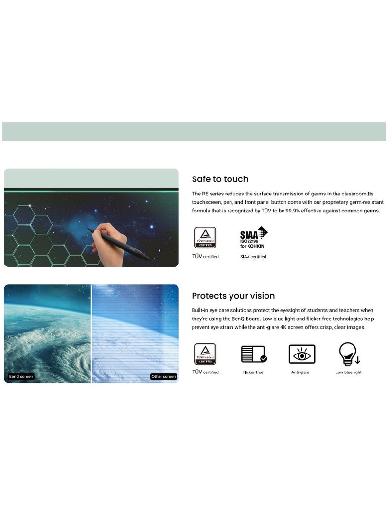 BenQ - RE7503A Essential 75" 4K UHD Interactive Display with (Android/Windows) | Touchscreen with EZWrite, InstaShare, Germ-Resistant Surface, Built-in Speakers & Remote Management | Universal Adjustable Interactive Display Black - Image 1