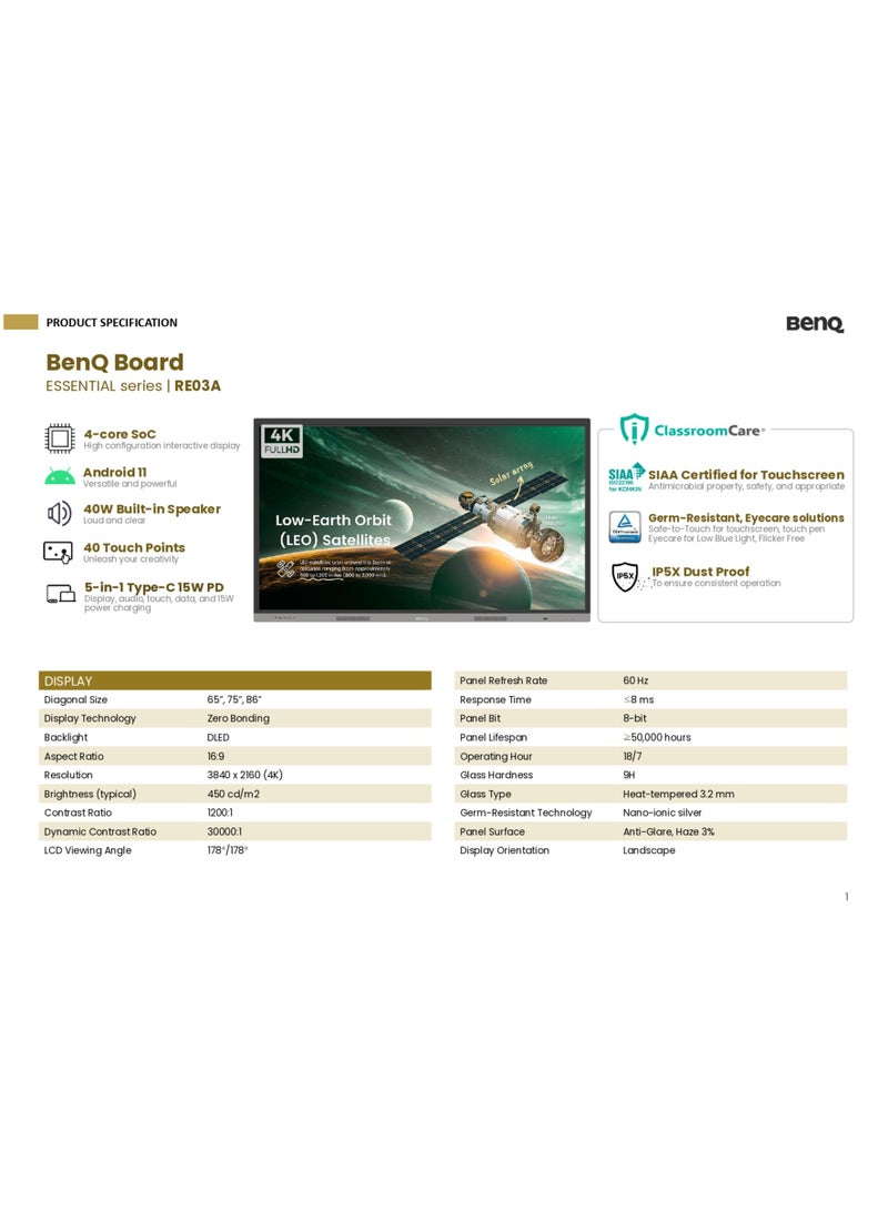 BenQ - RE7503A Essential 75" 4K UHD Interactive Display with (Android/Windows) | Touchscreen with EZWrite, InstaShare, Germ-Resistant Surface, Built-in Speakers & Remote Management | Universal Adjustable Interactive Display Black - Image 1