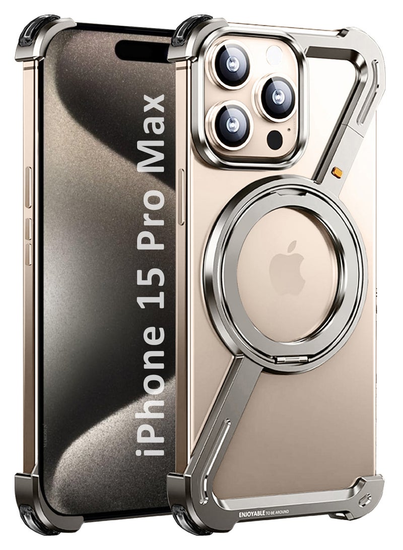 MARGOUN (For Apple iPhone 15 Pro Max) Z-Shaped MagSafe Case with Metal Stand and 360° Rotation Metal Case Cover - Natural Titanium-1 - Image 1