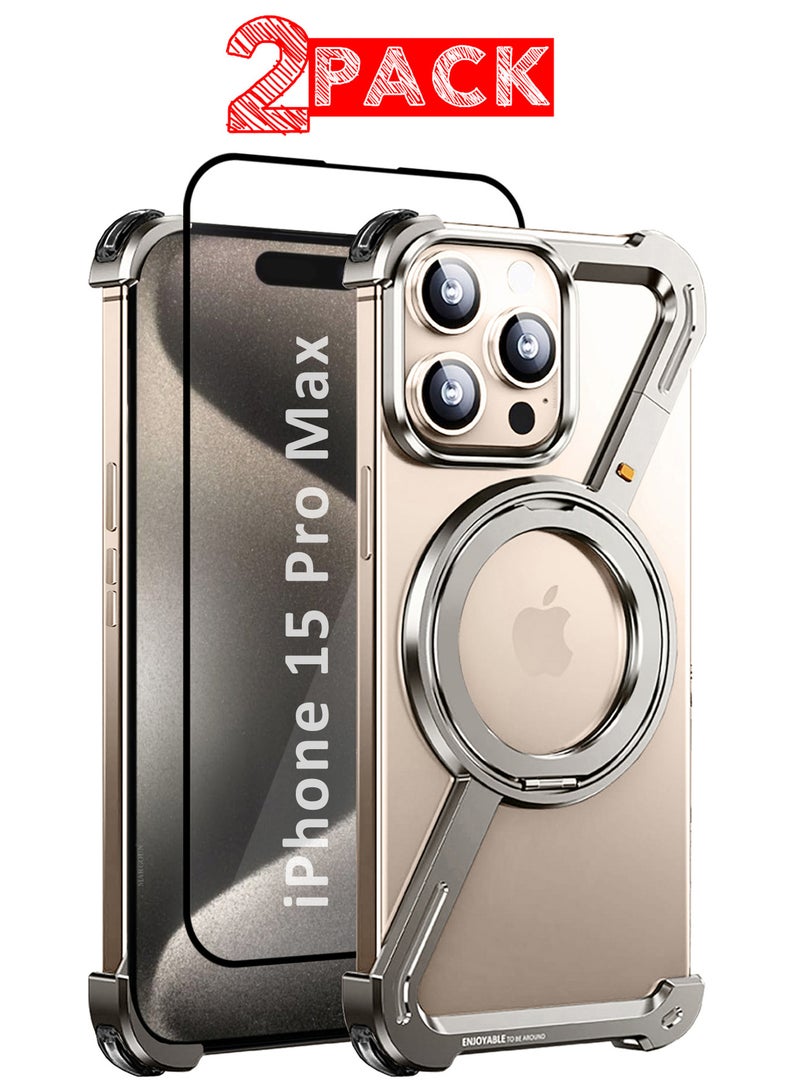 MARGOUN (For Apple iPhone 15 Pro Max) 2Packs, Z-Shaped MagSafe Case with Metal Stand and 360° Rotation Metal Case Cover with Shockproof Screen Protector - Natural Titanium-2 - Image 1
