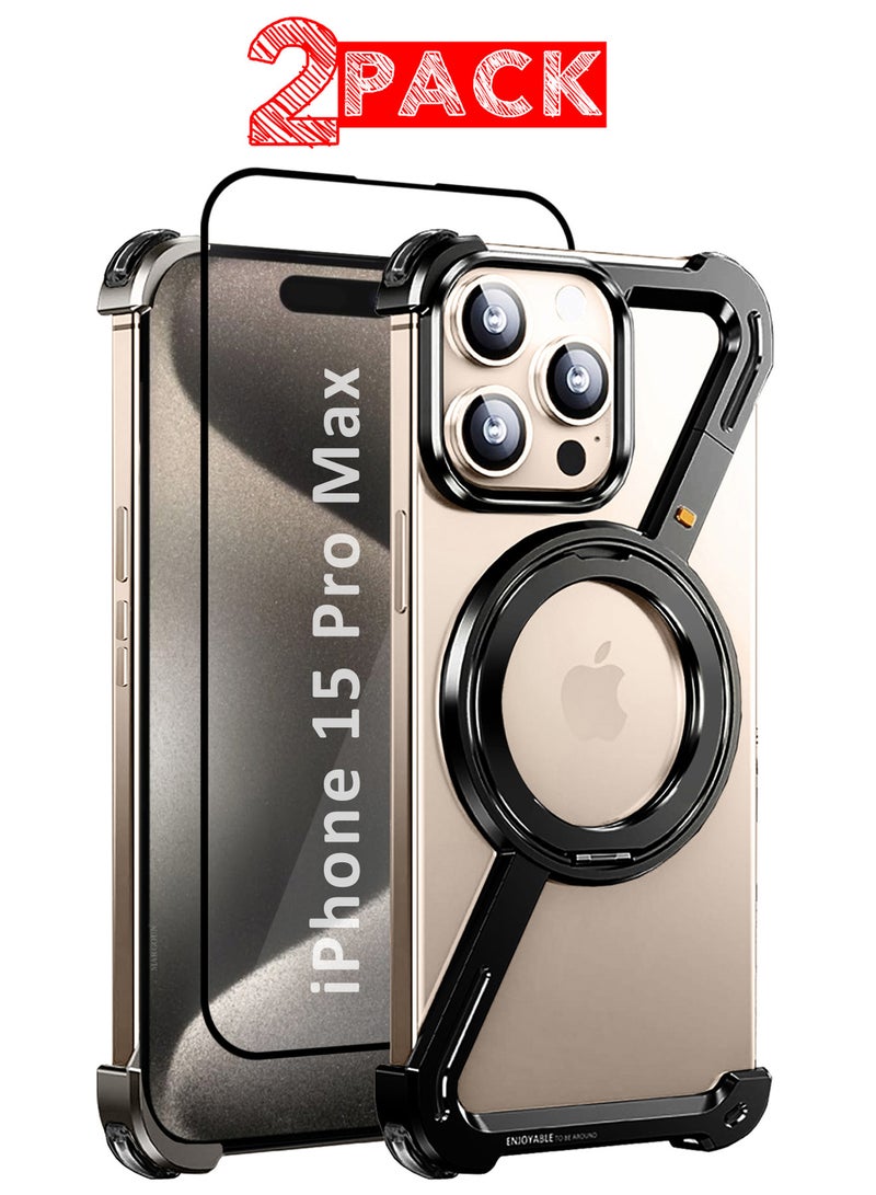 MARGOUN (For Apple iPhone 15 Pro Max) 2Packs, Z-Shaped MagSafe Case with Metal Stand and 360° Rotation Metal Case Cover with Shockproof Screen Protector - Black-2 - Image 1