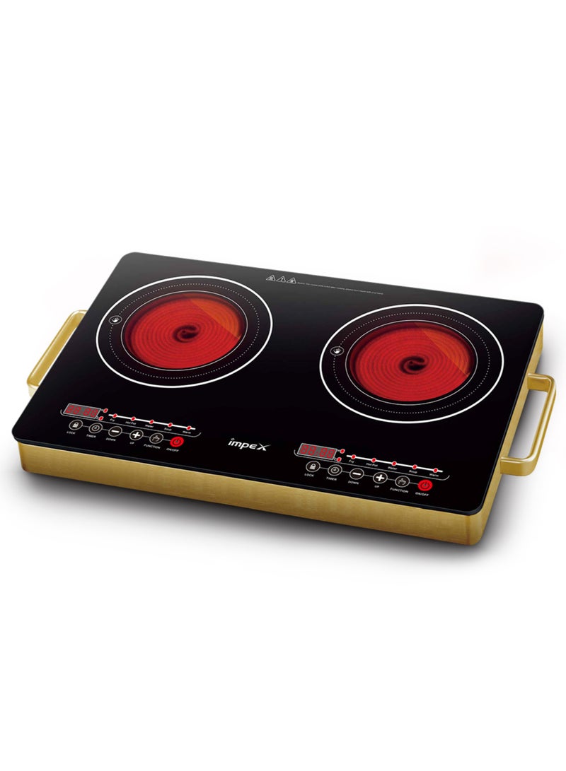Impex - Double Infrared Cooktop,1400W 2 Burner Electric Stove with 4-digit LED Display, Touch Sensor Control, 5 Cooking Modes, 8 Power Levels, 4-Hour Timer, Micro Crystal Plate, Overheat Protection, Universal Pot Compatibility, 1400 W IR 2704 Golden/Black - Image 1