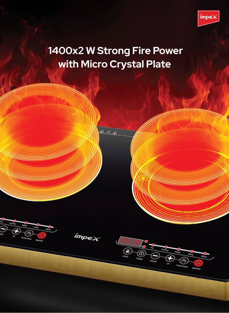 Impex - Double Infrared Cooktop,1400W 2 Burner Electric Stove with 4-digit LED Display, Touch Sensor Control, 5 Cooking Modes, 8 Power Levels, 4-Hour Timer, Micro Crystal Plate, Overheat Protection, Universal Pot Compatibility, 1400 W IR 2704 Golden/Black - Image 1