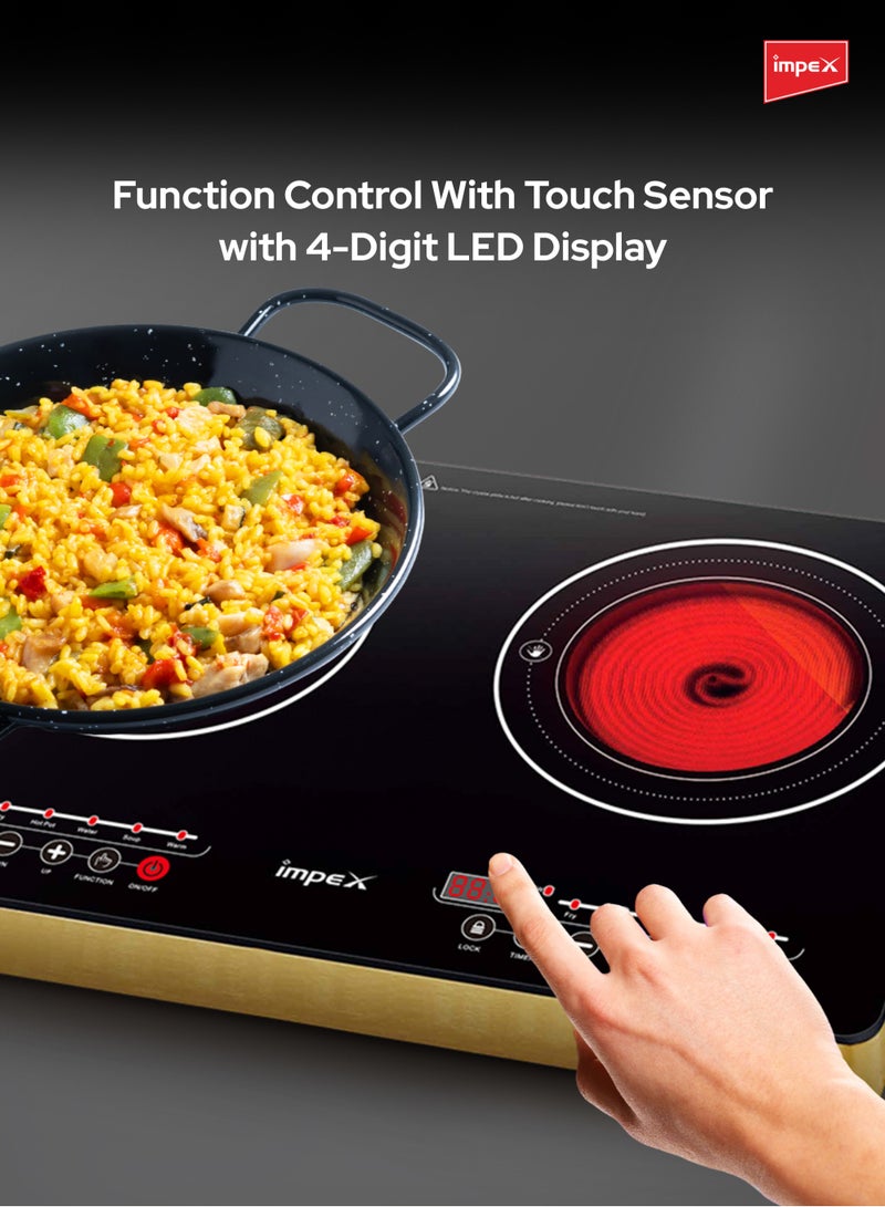 Impex - Double Infrared Cooktop,1400W 2 Burner Electric Stove with 4-digit LED Display, Touch Sensor Control, 5 Cooking Modes, 8 Power Levels, 4-Hour Timer, Micro Crystal Plate, Overheat Protection, Universal Pot Compatibility, 1400 W IR 2704 Golden/Black - Image 1