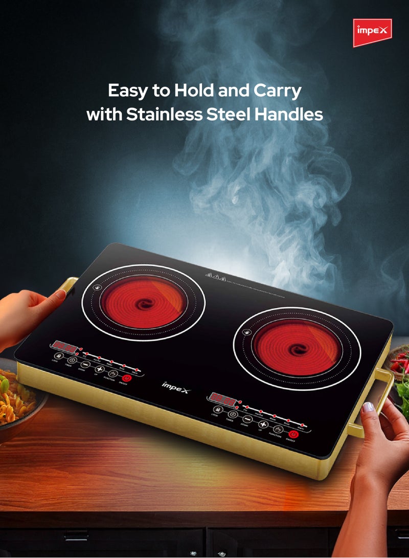 Impex - Double Infrared Cooktop,1400W 2 Burner Electric Stove with 4-digit LED Display, Touch Sensor Control, 5 Cooking Modes, 8 Power Levels, 4-Hour Timer, Micro Crystal Plate, Overheat Protection, Universal Pot Compatibility, 1400 W IR 2704 Golden/Black - Image 1
