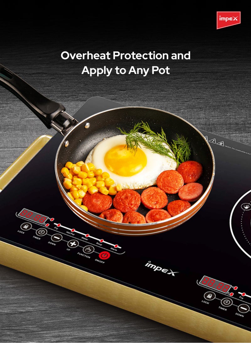 Impex - Double Infrared Cooktop,1400W 2 Burner Electric Stove with 4-digit LED Display, Touch Sensor Control, 5 Cooking Modes, 8 Power Levels, 4-Hour Timer, Micro Crystal Plate, Overheat Protection, Universal Pot Compatibility, 1400 W IR 2704 Golden/Black - Image 1