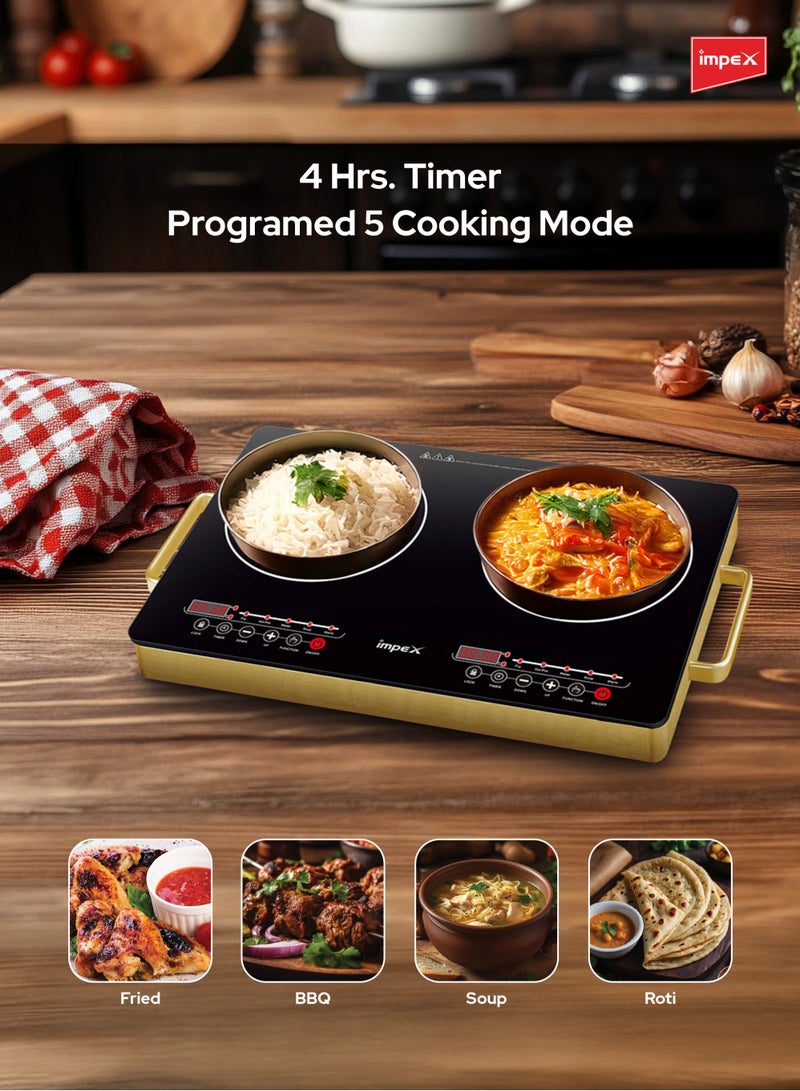 Impex - Double Infrared Cooktop,1400W 2 Burner Electric Stove with 4-digit LED Display, Touch Sensor Control, 5 Cooking Modes, 8 Power Levels, 4-Hour Timer, Micro Crystal Plate, Overheat Protection, Universal Pot Compatibility, 1400 W IR 2704 Golden/Black - Image 1