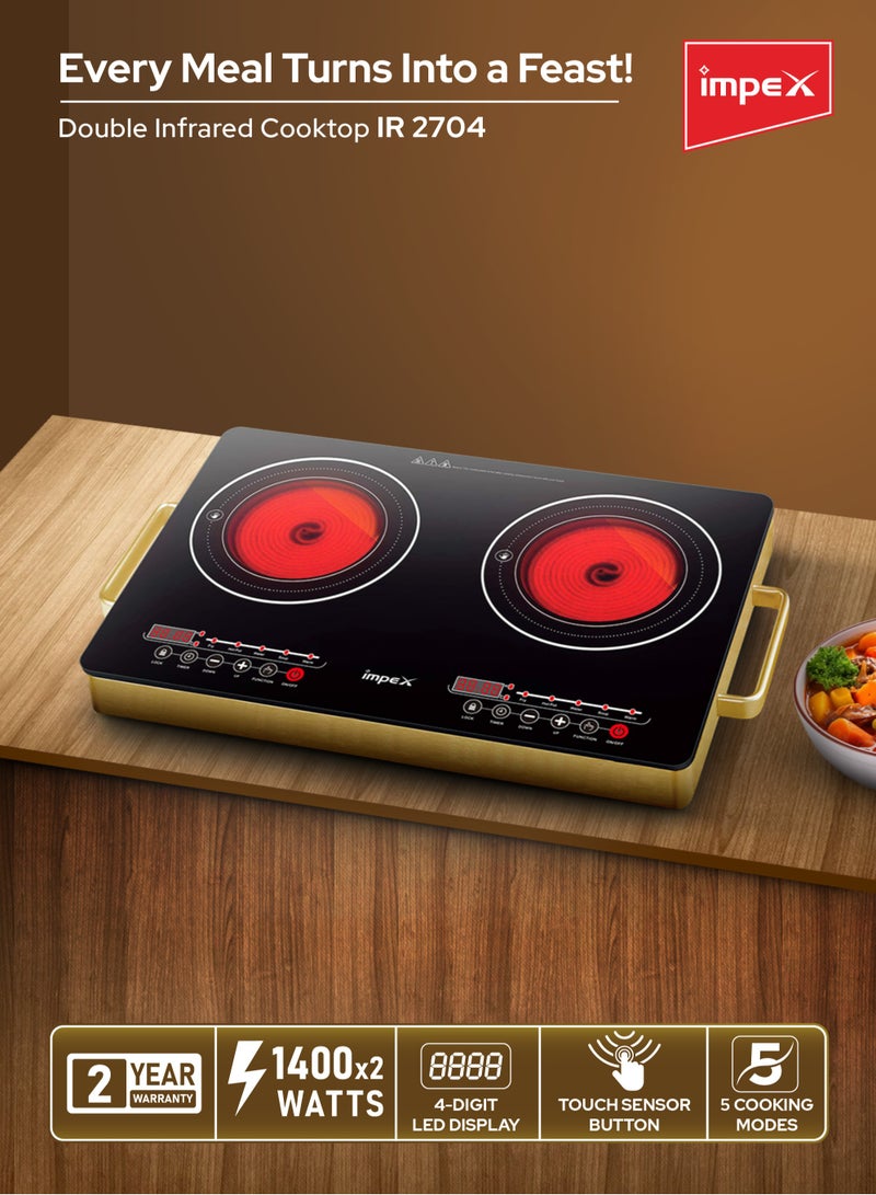 Impex - Double Infrared Cooktop,1400W 2 Burner Electric Stove with 4-digit LED Display, Touch Sensor Control, 5 Cooking Modes, 8 Power Levels, 4-Hour Timer, Micro Crystal Plate, Overheat Protection, Universal Pot Compatibility, 1400 W IR 2704 Golden/Black - Image 1