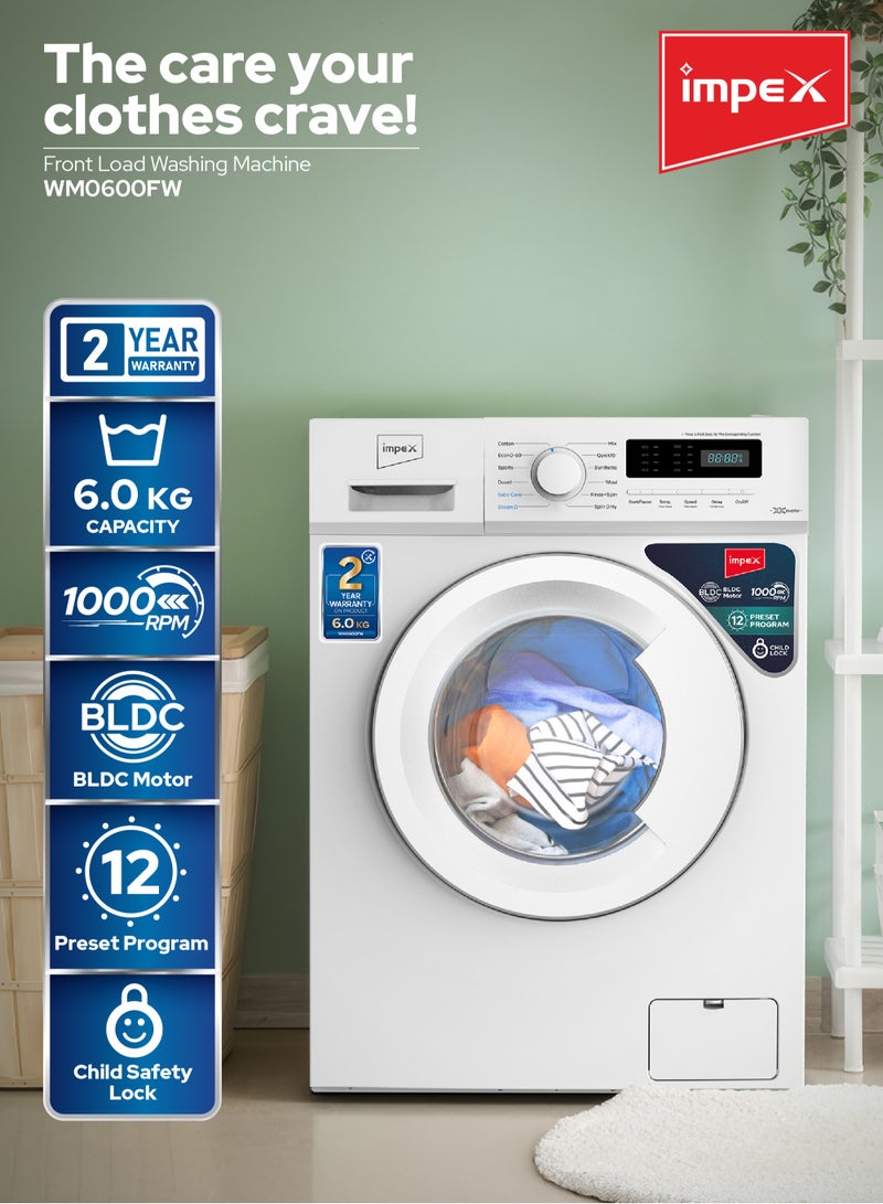 إمبكس - 6Kg Fully-Automatic Front Load Washing Machine,12 Preset Program, BLDC Inverter Motor, LED Display, Child Safety Lock, IPX4 Waterproof, 6 kg WM0600FW White - Image 1