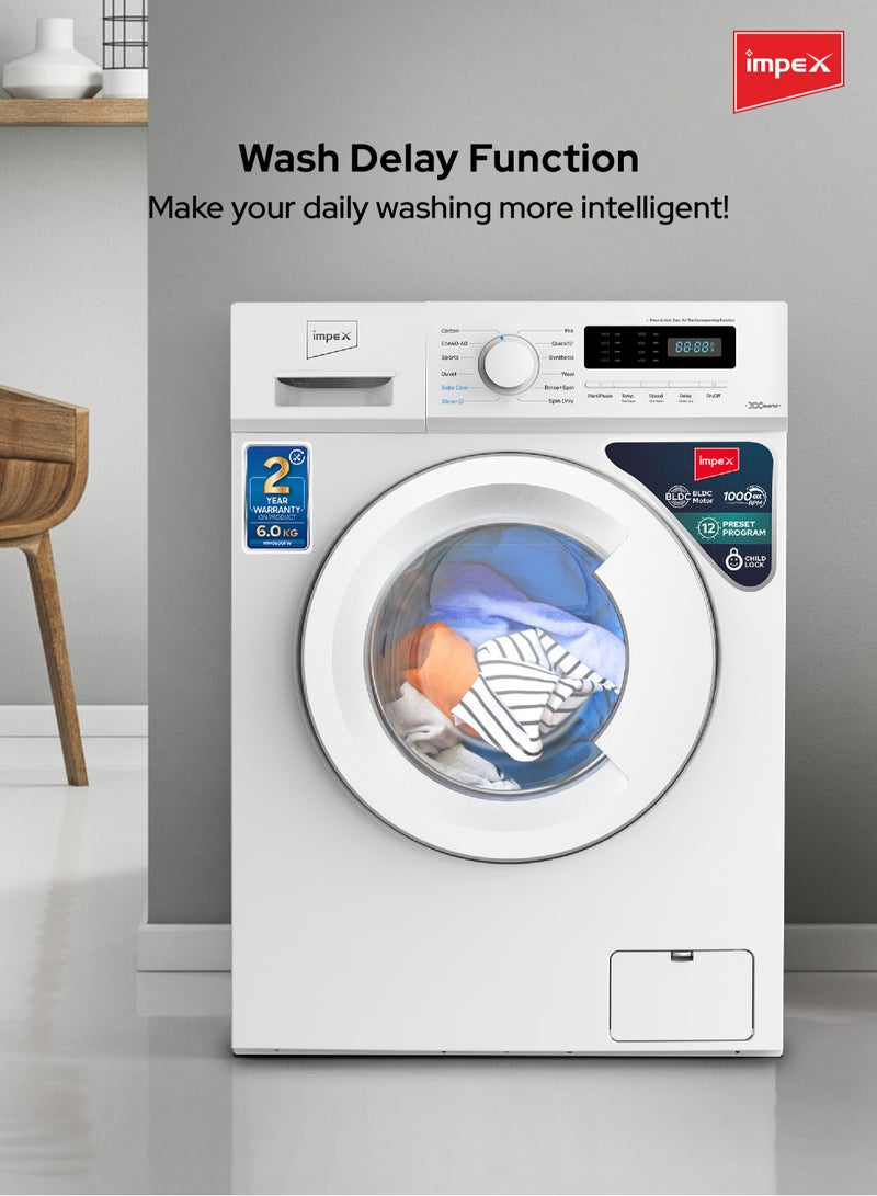 إمبكس - 6Kg Fully-Automatic Front Load Washing Machine,12 Preset Program, BLDC Inverter Motor, LED Display, Child Safety Lock, IPX4 Waterproof, 6 kg WM0600FW White - Image 1