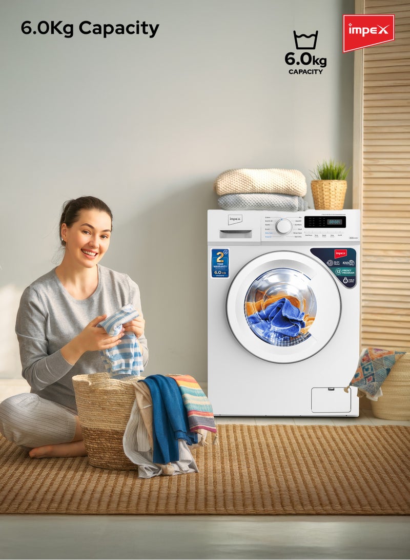 إمبكس - 6Kg Fully-Automatic Front Load Washing Machine,12 Preset Program, BLDC Inverter Motor, LED Display, Child Safety Lock, IPX4 Waterproof, 6 kg WM0600FW White - Image 1