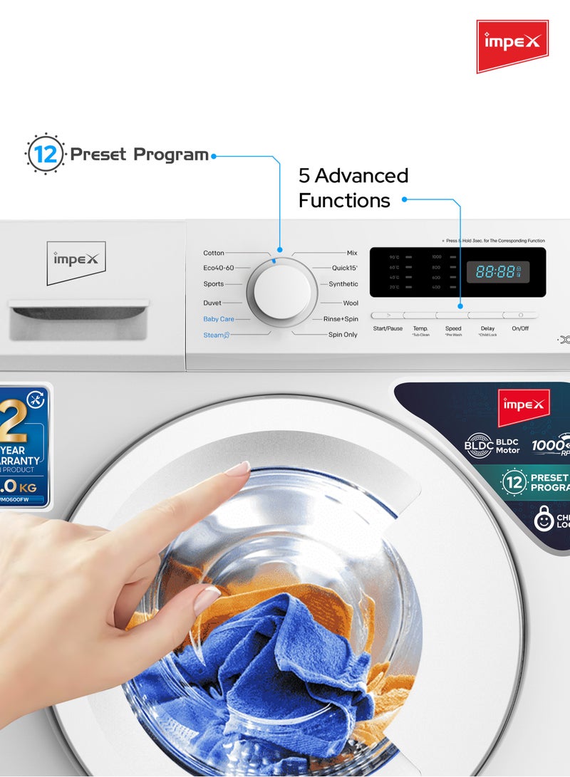 إمبكس - 6Kg Fully-Automatic Front Load Washing Machine,12 Preset Program, BLDC Inverter Motor, LED Display, Child Safety Lock, IPX4 Waterproof, 6 kg WM0600FW White - Image 1