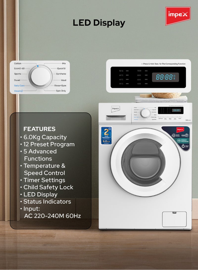 إمبكس - 6Kg Fully-Automatic Front Load Washing Machine,12 Preset Program, BLDC Inverter Motor, LED Display, Child Safety Lock, IPX4 Waterproof, 6 kg WM0600FW White - Image 1