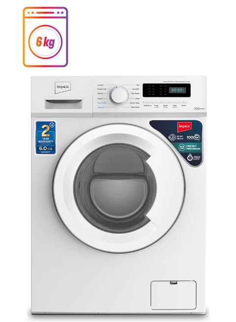 6Kg Fully-Automatic Front Load Washing Machine,12 Preset Program, BLDC Inverter Motor, LED Display, Child Safety Lock, IPX4 Waterproof, 6 kg WM0600FW White